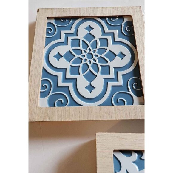 Decorative Wall Art Wooden Framed Blue & Pink Ceramic Tiles Set Of 3 - Picture 4 of 8